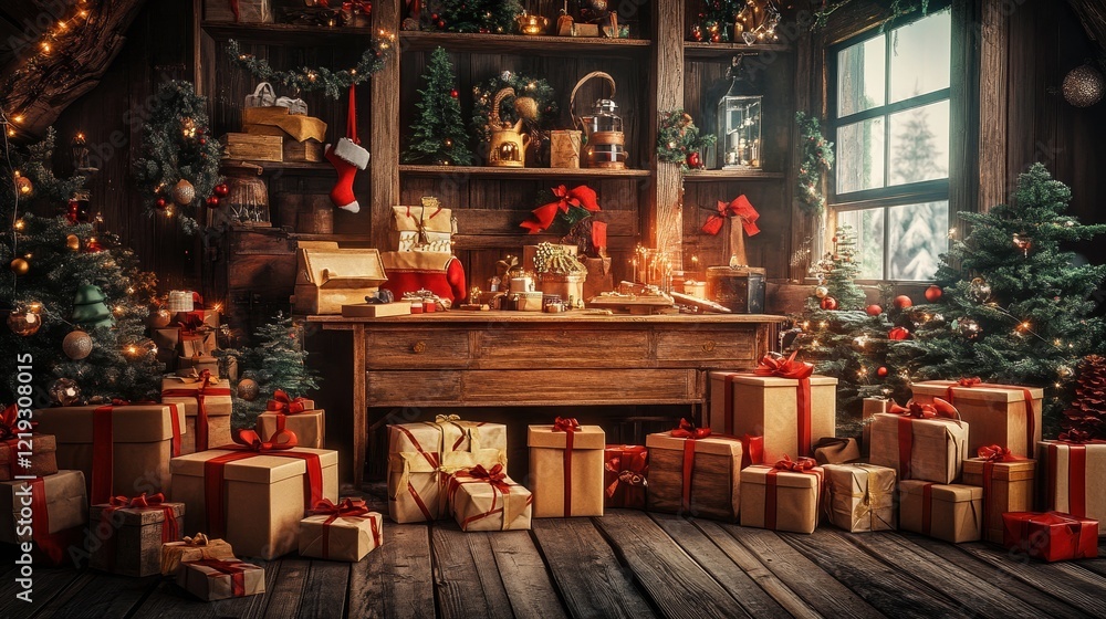 Obraz premium Traditional Christmas gift factory with wooden toys, wrapping, and cozy decor