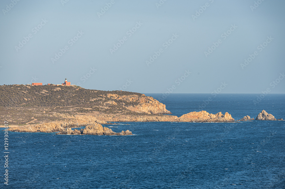 Aerial view of the Malfatano Gulf in the south of Sardinia with many beautiful beaches and blue and turquoise water