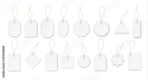 Blank paper price vector tags or gift tags in different shapes. Set of labels with cord. Vector