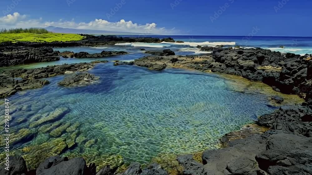 Tropical ocean tide pool, volcanic rock, clear water, island background, travel brochure Tropical ocean tide pool, volcanic rock, clear water, island background, travel brochure
