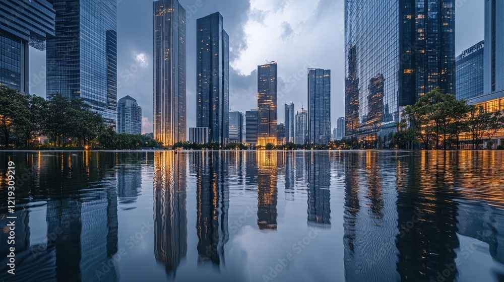 Naklejka premium Flooded urban skyline with silver blue black color scheme