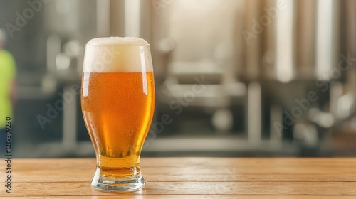 A refreshing glass of golden beer with a frothy head, elegantly placed on a rustic wooden table, set against a blurred brewery background, perfect for beverage enthusiasts. photo