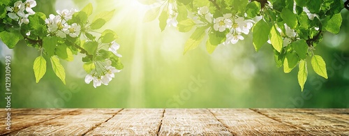 Spring backdrop with green foliage and flowering branches, featuring an empty wooden table in sunlight. Made with generative AI