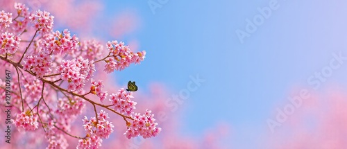 Spring banner with cherry blossoms and butterflies against a blue sky, creating a dreamy, romantic atmosphere. Pink sakura flowers in a panoramic landscape with copy space. Made with generative AI