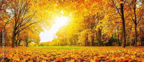 Vibrant autumn landscape with a carpet of yellow leaves and trees in a sunny park. Made with generative AI