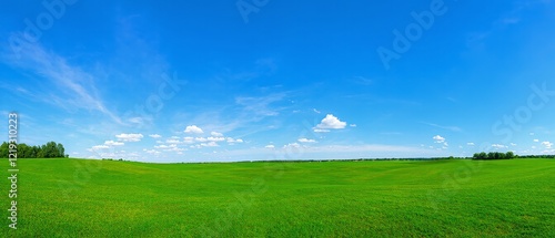 Vibrant Green Field with Trimmed Grass Under a Blue Sky and Cloudy Horizon on a Sunny Summer Day. Made with generative AI