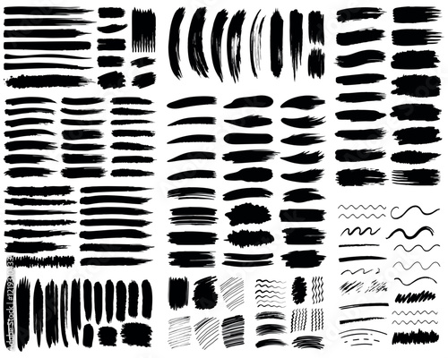 a set of templates of black paint strokes by hand on a white background, a collection of brushes and strokes