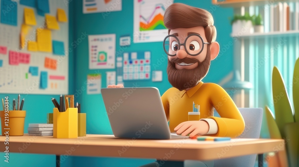 A cheerful 3D cartoon programmer sits at his desk, analyzing data on his laptop. Surrounded by colorful charts, graphs, and code, he represents the exciting world of programming and technology. His h A cheerful 3D cartoon programmer sits at his desk, analyzing data on his laptop. Surrounded by colorful charts, graphs, and code, he represents the exciting world of programming and technology. His h