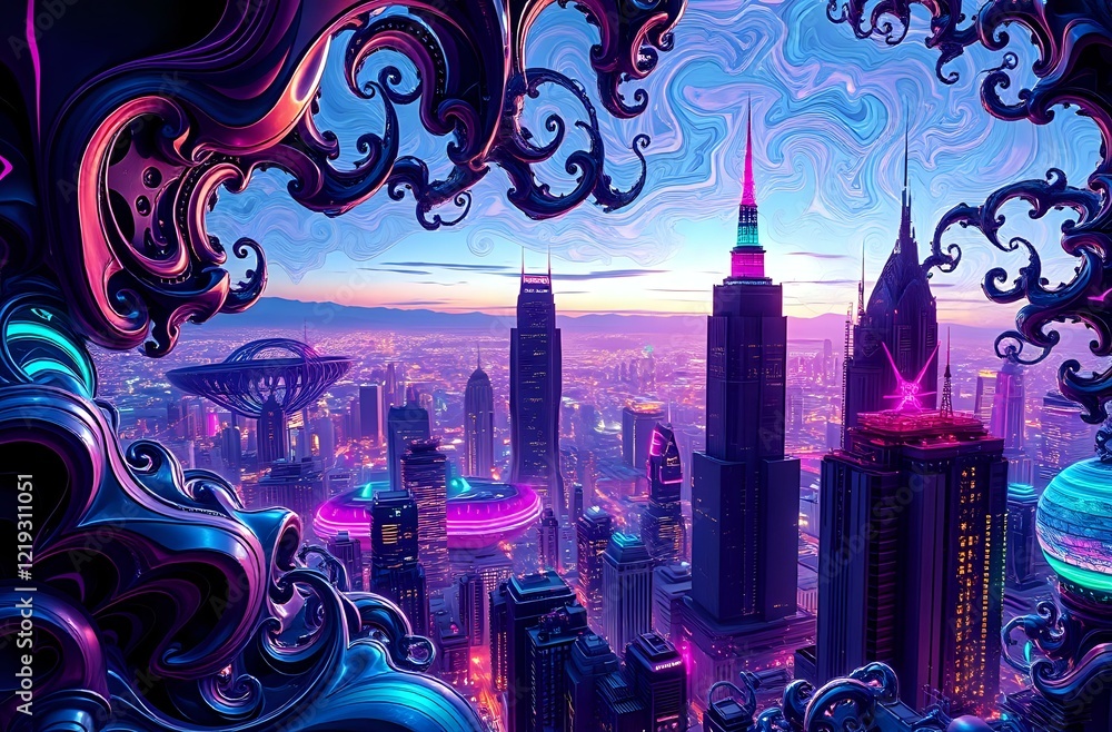 Futuristic Cityscape at Dusk: Vibrant Skyscrapers and Neon Lights Futuristic Cityscape at Dusk: Vibrant Skyscrapers and Neon Lights