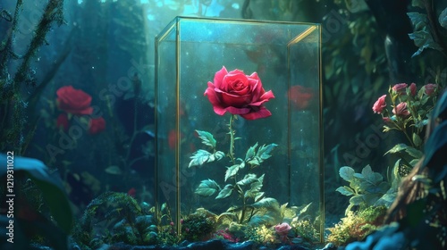 A vibrant pink rose encased in a glass box, surrounded by lush greenery and soft lighting, evoking tranquility photo