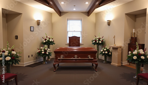 Interior view of a funeral home featuring a wooden casket surrounded by floral arrangements
