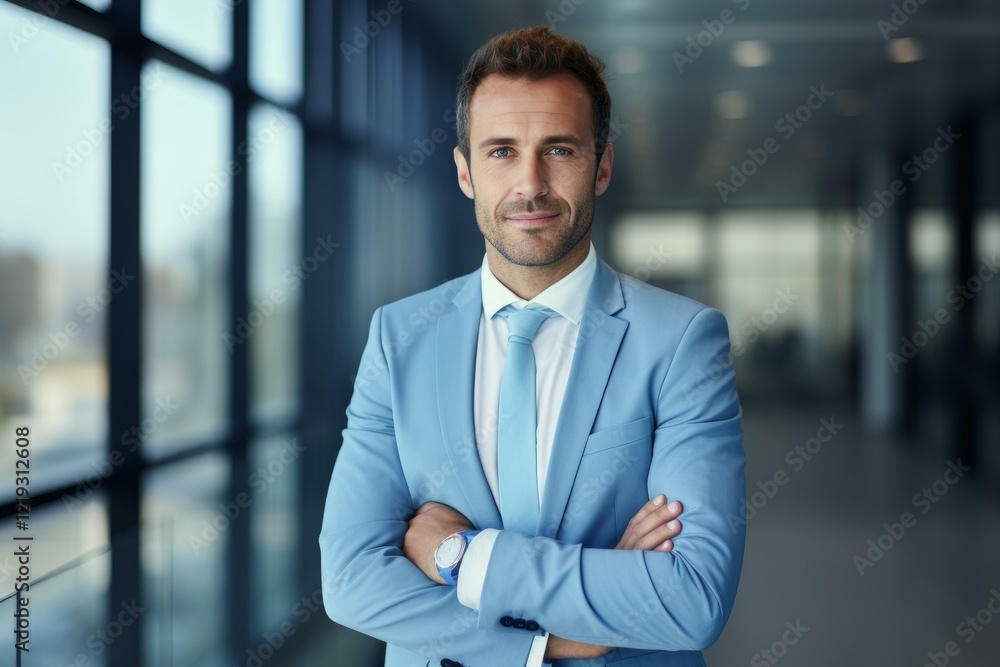 Successful entrepreneur standing in corporate lobby with arms crossed, exuding confidence and professionalism Successful entrepreneur standing in corporate lobby with arms crossed, exuding confidence and professionalism
