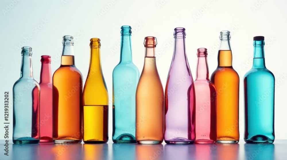 A vibrant collection of colorful glass bottles, showcasing a spectrum of hues and diverse shapes, ready for filling with various beverages. A vibrant collection of colorful glass bottles, showcasing a spectrum of hues and diverse shapes, ready for filling with various beverages.