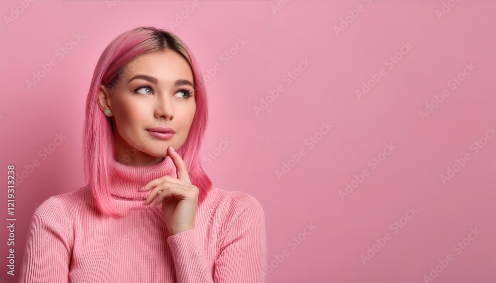 Thoughtful young woman with pink hair on pink background Thoughtful young woman with pink hair on pink background