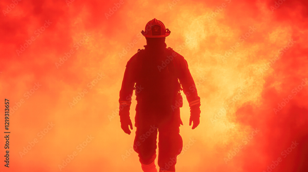 A firefighter is standing in front of a red and orange background A firefighter is standing in front of a red and orange background