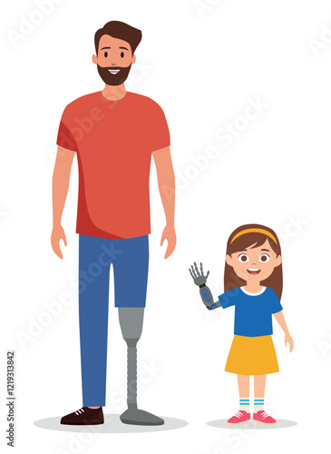 Man with prosthetic leg and little girl with prosthetic arm, artificial limbs. Simple vector illustration of enjoying life, caring for people with artificial limbs. Vector illustration