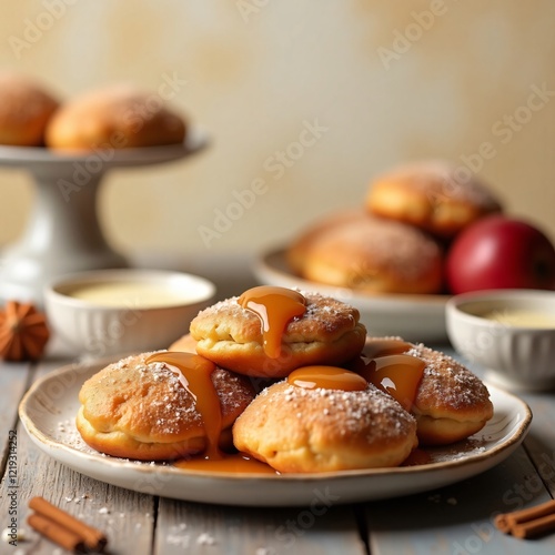 Light, fluffy beignets drizzled with warm apple pie filling and dusted with cinnamon sugar, served with a cup of vanilla custard, set on a rustic wooden table, illuminated by soft golden light. photo