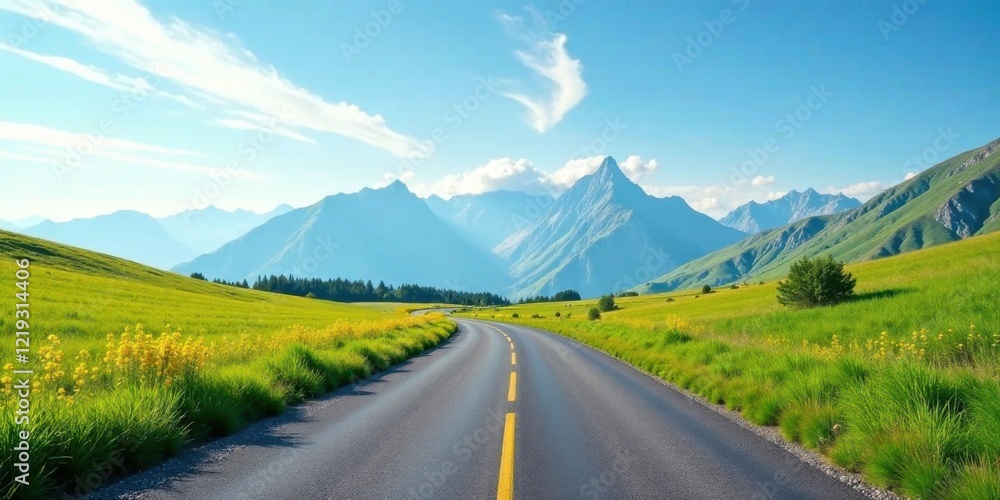 Fototapeta premium Asphalt Road Winding Through Lush Green Meadows Towards Majestic Mountains Under a Summer Sky
