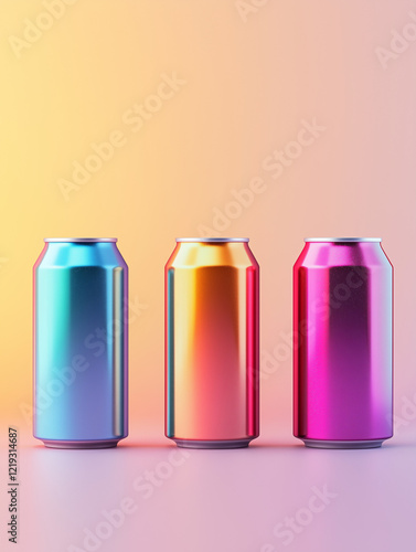 Mockup. Three soda cans with vibrant metallic gradient finishes.

