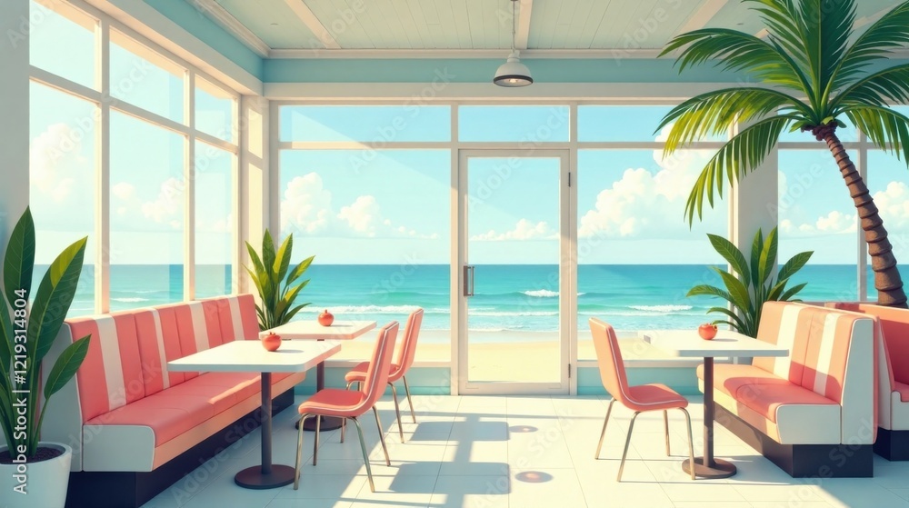 Fototapeta premium Oceanfront Diner Coastal Calm and Retro Charm with Beach Views and Tropical Plants