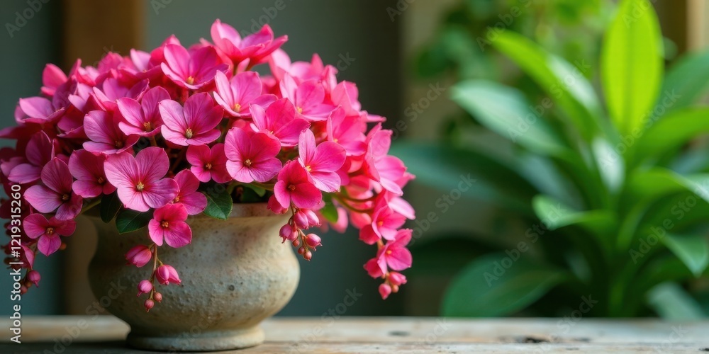 Vibrant Pink Blossoms in a Rustic Earthenware Pot, a Delicate Arrangement of Spring Flowers on a Wooden Surface Vibrant Pink Blossoms in a Rustic Earthenware Pot, a Delicate Arrangement of Spring Flowers on a Wooden Surface