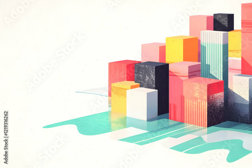 Colorful abstract blocks reflecting in teal water, minimalist design, website banner photo