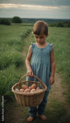 Young girl carrying a basket of freshly collected eggs along a serene countryside path. Generative AI