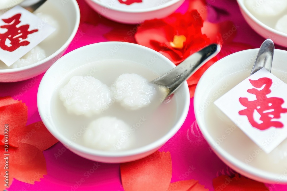 Tang Yuan Dessert Table A homely table setup with bowls of sweet glutinous rice balls in a clear broth, accompanied by decorative paper cuttings of the Chinese character Tang Yuan Dessert Table A homely table setup with bowls of sweet glutinous rice balls in a clear broth, accompanied by decorative paper cuttings of the Chinese character