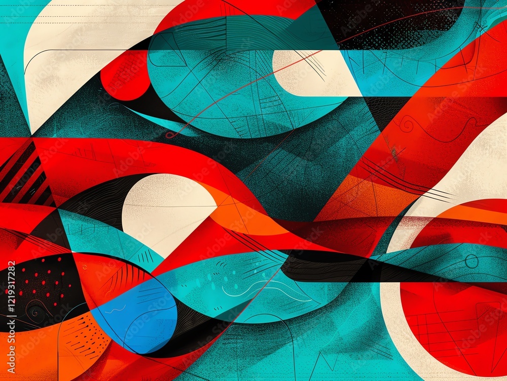 Fototapeta premium Vibrant risograph composition, bold red and turquoise fades, exaggerated geometric shapes with playful layered textures