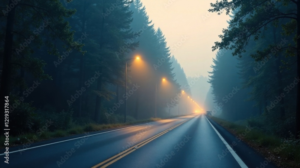 Misty Morning Drive Through a Forest of Tall Trees on a Two-Lane Asphalt Road with Glowing Streetlights Misty Morning Drive Through a Forest of Tall Trees on a Two-Lane Asphalt Road with Glowing Streetlights