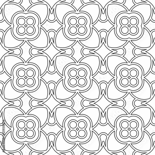 Symmetrical black line art creates a seamless floral and geometric pattern on a white background. Ideal for coloring books, artistic designs, or backgrounds.