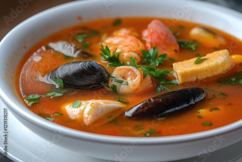 Traditional French bouillabaisse soup is presented in white bowl. Soup is rich in seafood like shrimp, mussels, fish. Herbs, spices add flavor to dish. Photo showcases delicious, healthy meal. photo