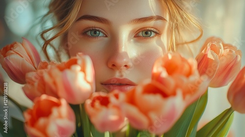 Close-up of a young woman with blue eyes surrounded by coral tulips, perfect floral gift for Valentine's Day, Mother's Day, Women's Day, soft sunlight and blurred pastel background

 photo