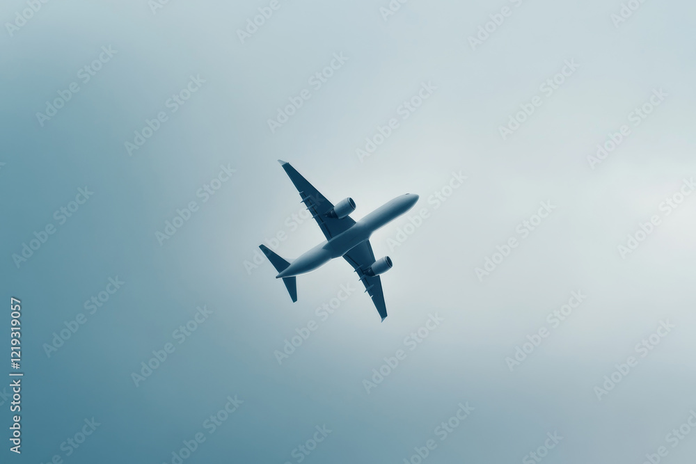 Airplane flying through cloudy sky in the afternoon with a drastic view from below Airplane flying through cloudy sky in the afternoon with a drastic view from below