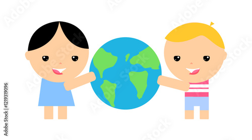 Children hug the earth, symbolizing concern for the environment