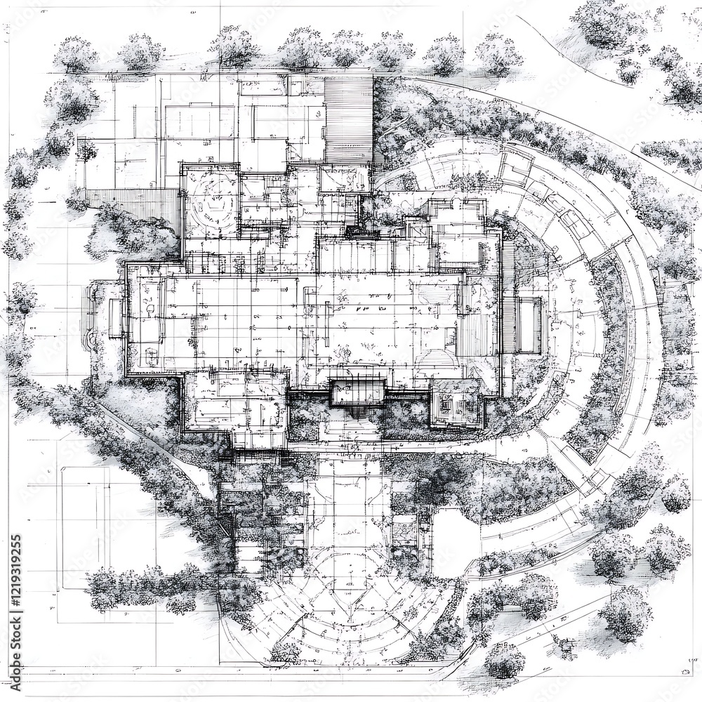 Fototapeta premium Detailed architectural design of modern building with landscape elements and planning