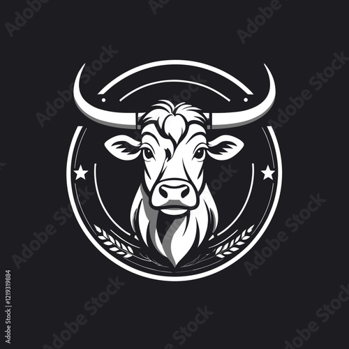 A monochromatic logo design featuring a cow's head with prominent horns, framed by circular elements, stars, and wheat, symbolizing strength and agricultural themes in a bold and minimalist style