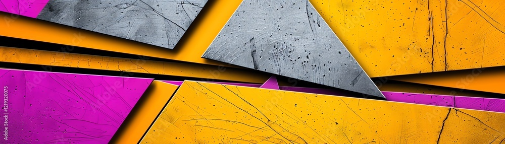 Naklejka premium Grainy textured composition, bold yellow and purple gradients, layered oversized geometric shapes with a vintage look