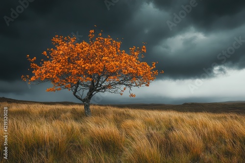 Lonely autumn tree, stormy sky, field, landscape, nature photography photo