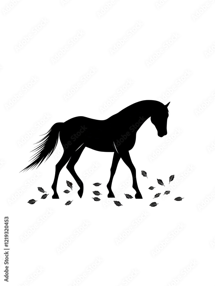 Isolated Black Horse Silhouette with Leaves Isolated Black Horse Silhouette with Leaves