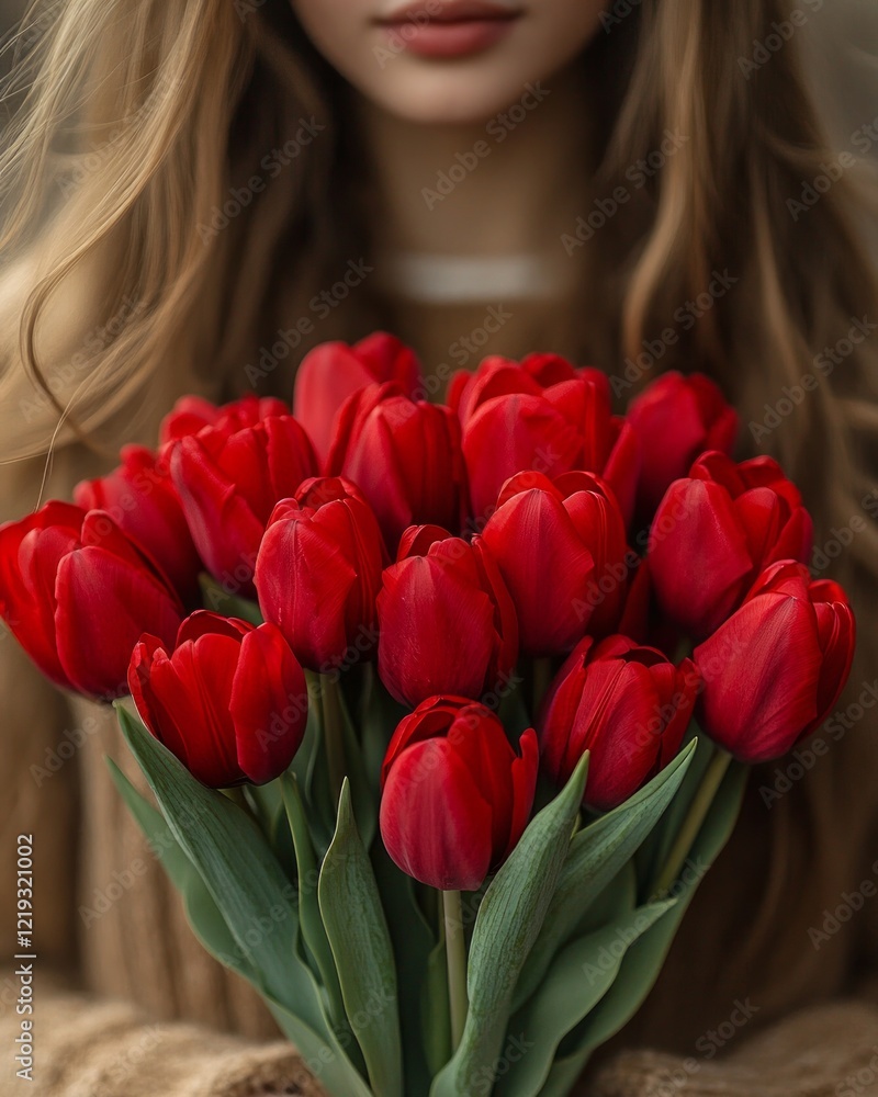 Lush bouquet of red tulips held by a woman, perfect floral gift for Valentine's Day, Mother's Day, and Women's Day celebrations Lush bouquet of red tulips held by a woman, perfect floral gift for Valentine's Day, Mother's Day, and Women's Day celebrations