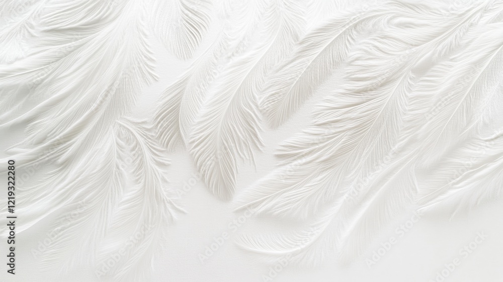 Soft white feathers arranged creatively on a light background for artistic decoration or design purposes Soft white feathers arranged creatively on a light background for artistic decoration or design purposes