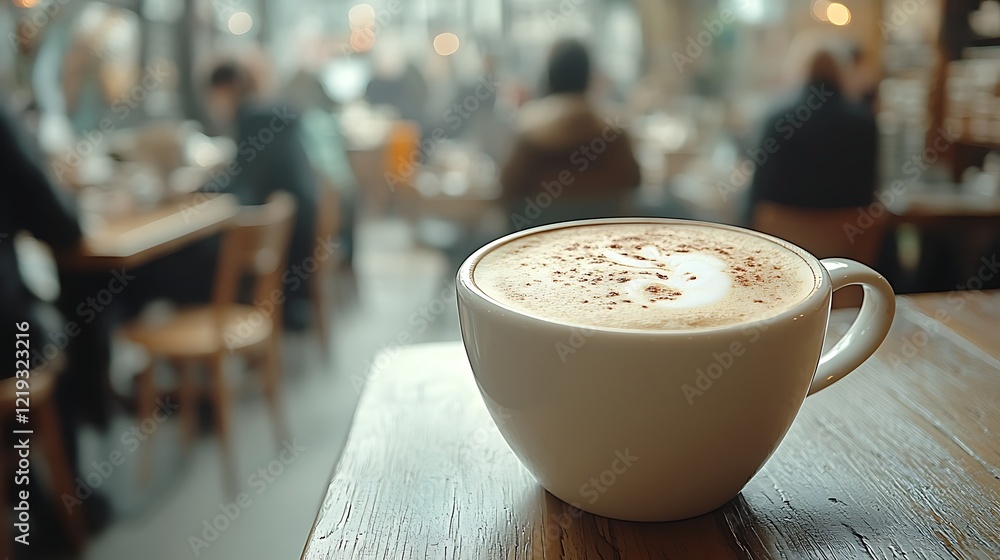 A cup of coffee is placed on the table in front on wooden table A cup of coffee is placed on the table in front on wooden table