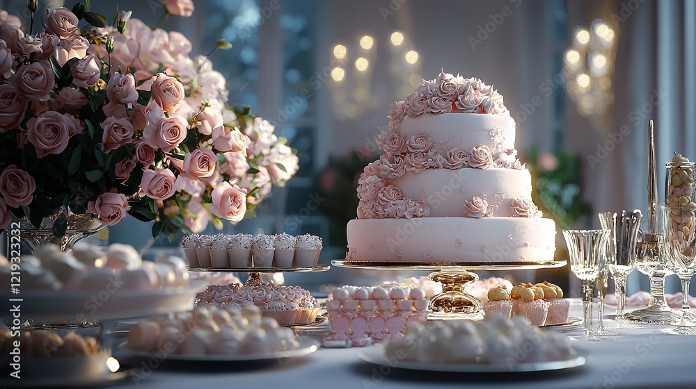 An elegant and impressive cake and candy table for a wedding An elegant and impressive cake and candy table for a wedding
