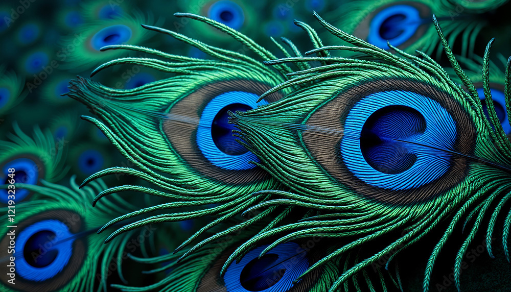Obraz premium Close-up of vibrant overlapping peacock feathers with eye patterns 