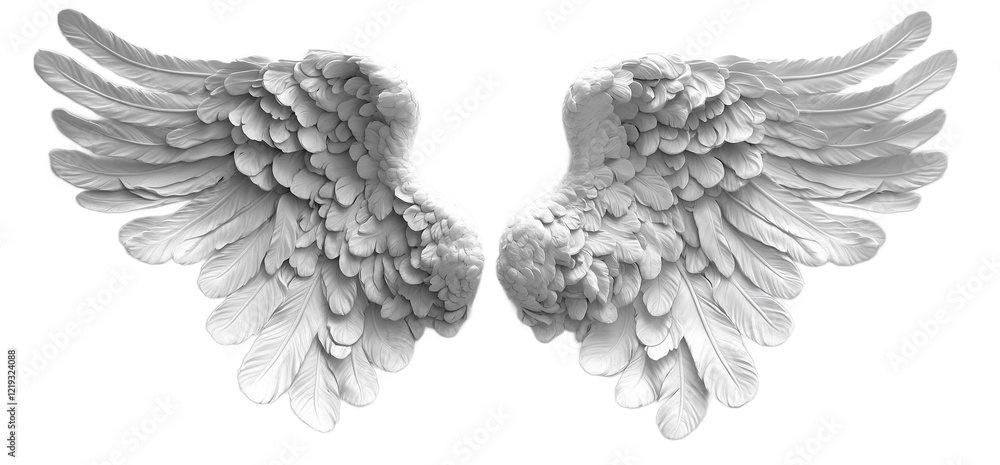 Obraz premium Symmetrical Angel Wings with Detailed Feathers in Monochrome Pencil Sketch Style – Ethereal, Heavenly, and Mystical, Floating with Graceful Curves and Intricate Shading. 