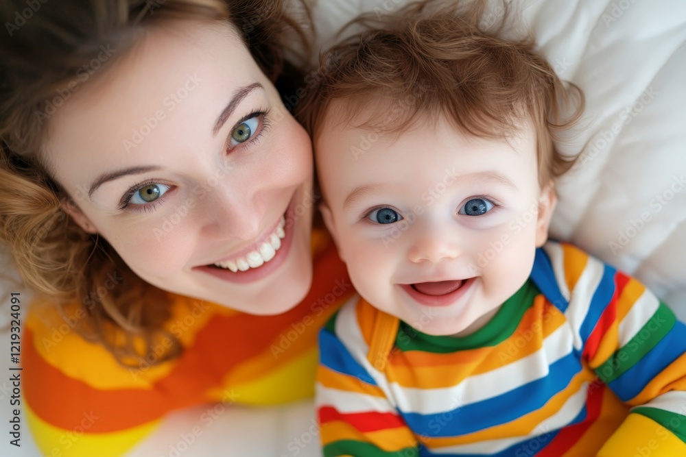 Smiling mother and baby sharing joyful moment in colorful striped outfits at home Smiling mother and baby sharing joyful moment in colorful striped outfits at home