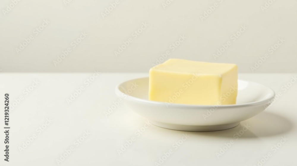 A single cube of dairy butter rests gently on a small, pristine white dish