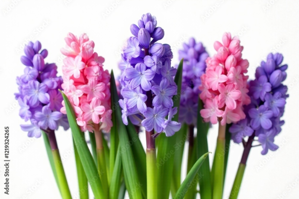 Fototapeta premium Hyacinth flowers in isolated arrangement on white background, bloom, hyacinths