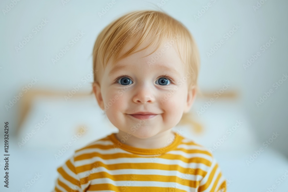 A cheerful toddler with light blonde hair and bright blue eyes is smiling while wearing a yellow and white striped shirt. A cheerful toddler with light blonde hair and bright blue eyes is smiling while wearing a yellow and white striped shirt.